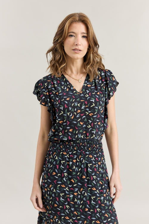 BLUSA TEC ICE BABADO LATERAL FOLHAS COLORS V26