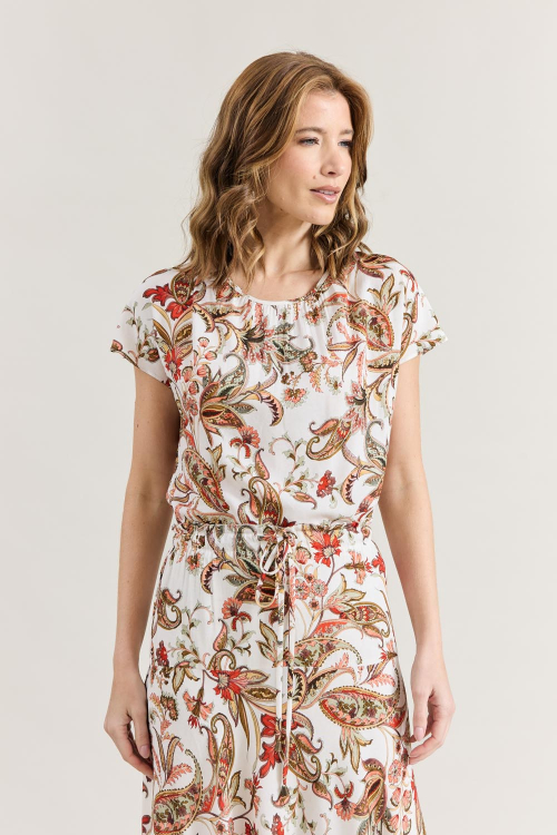 BLUSA LINHO MANOA DECOTE FRANZIDO FLORAL PAISLEY V26