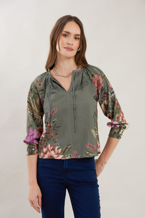 BLUSA LINHO BLEND CIGANA FLORAL MILITAR I25