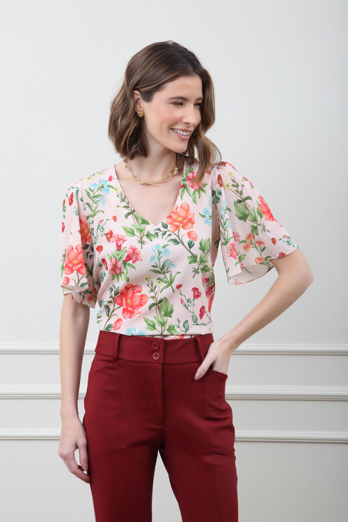 BLUSA SEDA STRETCH DECOTE V FLORES V25