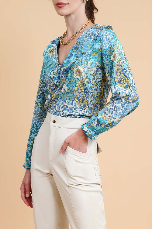 BLUSA SEDA STRETCH BABADOS FLORAL PATCH