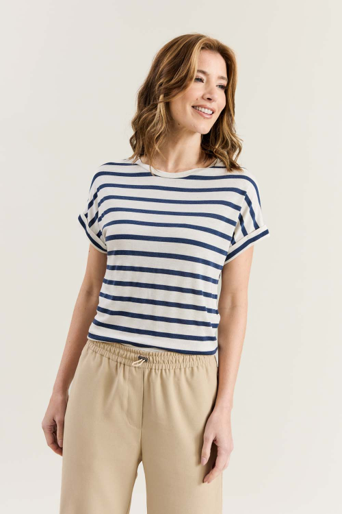 BLUSA MALHA TRICOT LINHO LISTRAS MANGA VIRADA V26