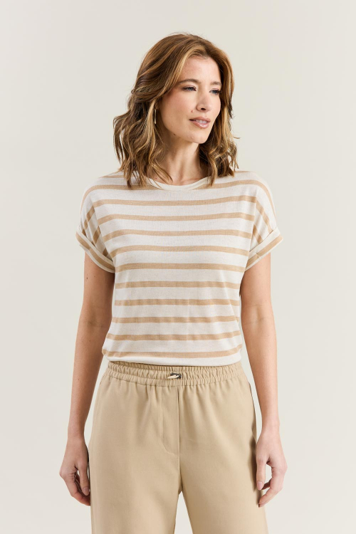 BLUSA MALHA TRICOT LINHO LISTRAS MANGA VIRADA V26