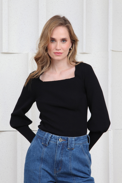 Blusa Tricot Decote Quadrado Mg Puff V24