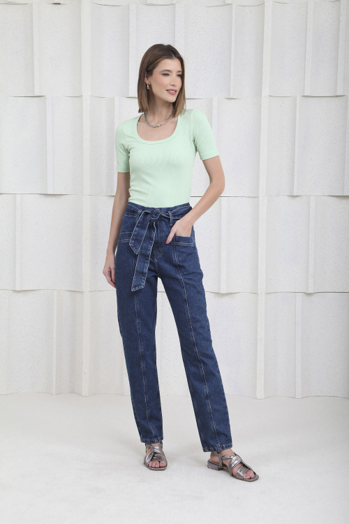 Calça Jeans Recortes Com Faixa