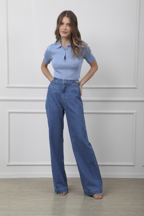 CALÇA JEANS WIDE DETALHE METAL I24