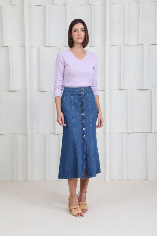 Saia Midi Jeans Botoes V24