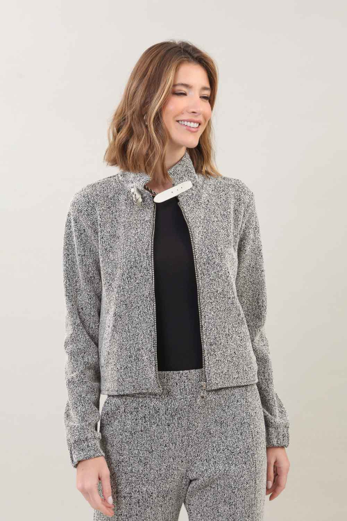 JAQUETA TWEED DE MALHA DETALHE COURO I25
