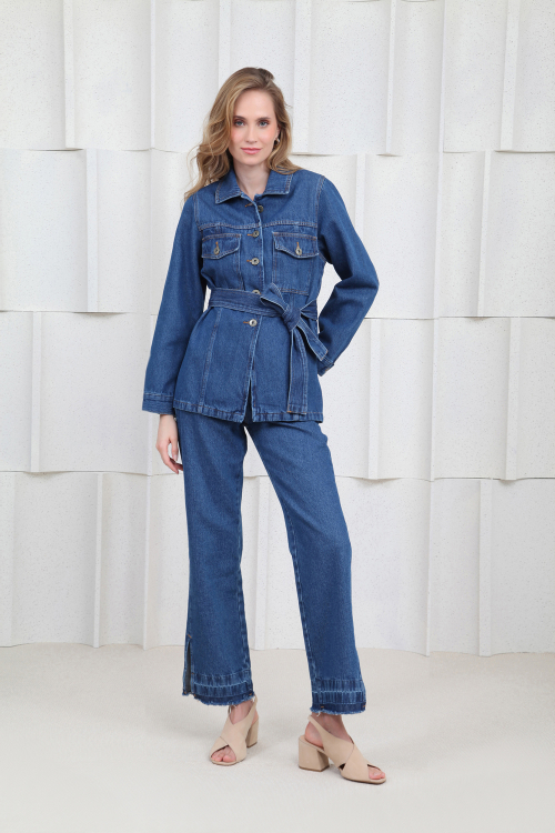 Jaqueta Jeans Longa Com Faixa