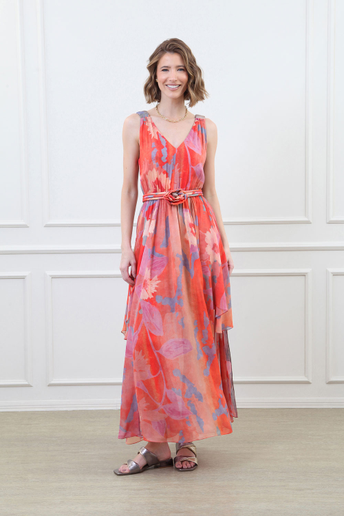 VESTIDO TILLY SOBREPOSICAO TEC ICE CINTO FLOR SUNSET V25