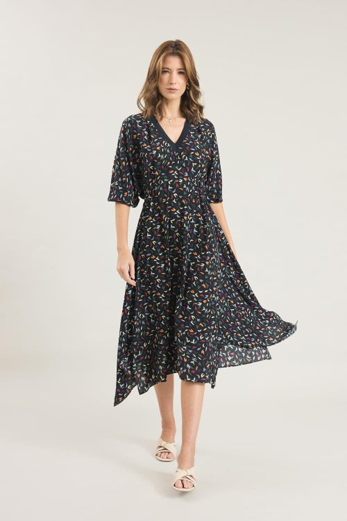 VESTIDO TEC ICE KAFTAN DETALHE TRICOT FOLHAS COLORS V26