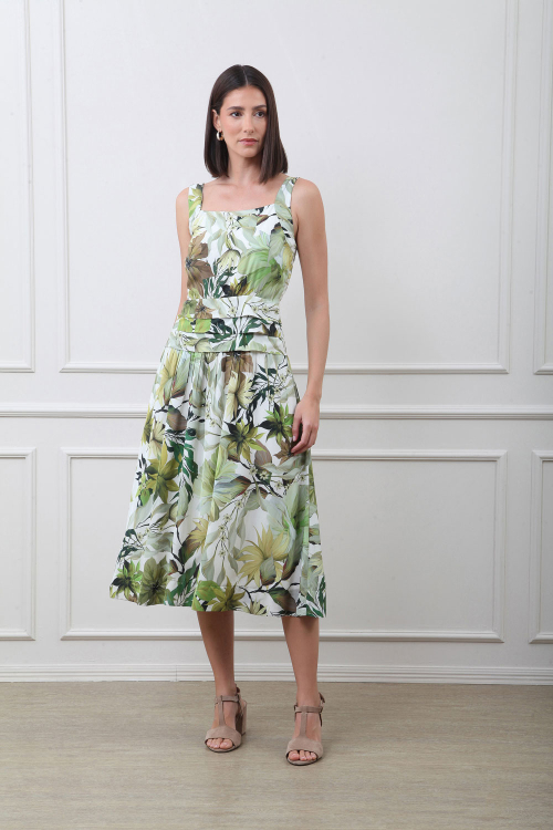VESTIDO TEC PREMIUM PREGAS FLORAL VERT V25