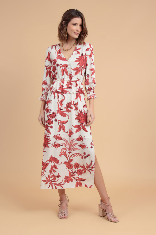 VESTIDO LINHO MANOA PEPLUM FLORAL PEPPER