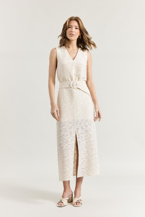 VESTIDO TELA BORDADA FENDA FRONTAL V26