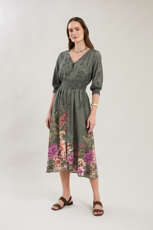 VESTIDO LINHO BLEND BOTOES LASTEX FLORAL MILITAR I25