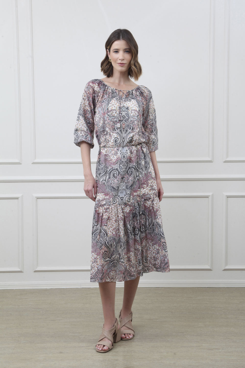 VESTIDO MIDI SEDA BLENDE CONRRENTE FLORAL ARASBESCO I24
