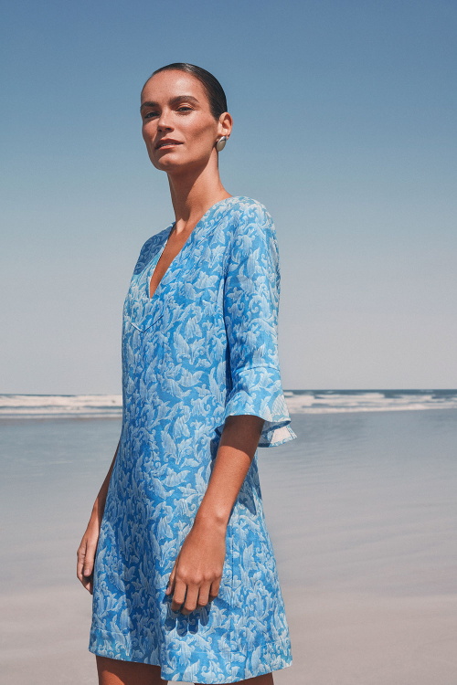 VESTIDO PURO LINHO TUNICA INDIGO ARABESCO BLU V25